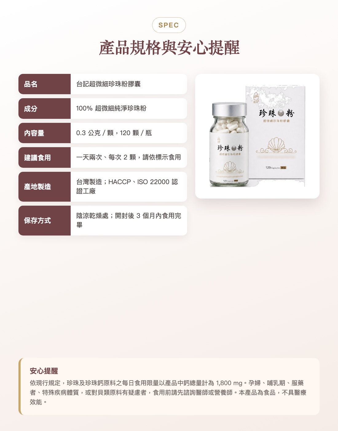 產品規格與安心提醒：0.3公克120顆、台灣HACCP ISO22000工廠