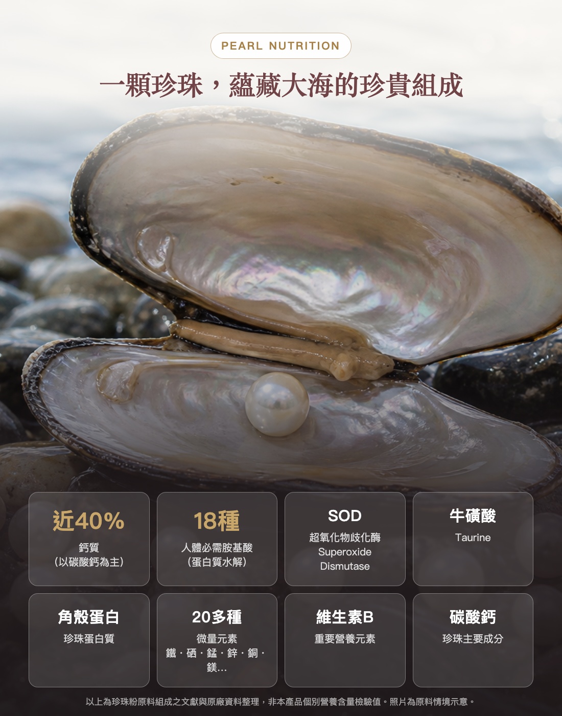珍珠成分：近40%鈣、18種人體必需胺基酸、SOD、牛磺酸、角殼蛋白、20多種微量元素、維生素B
