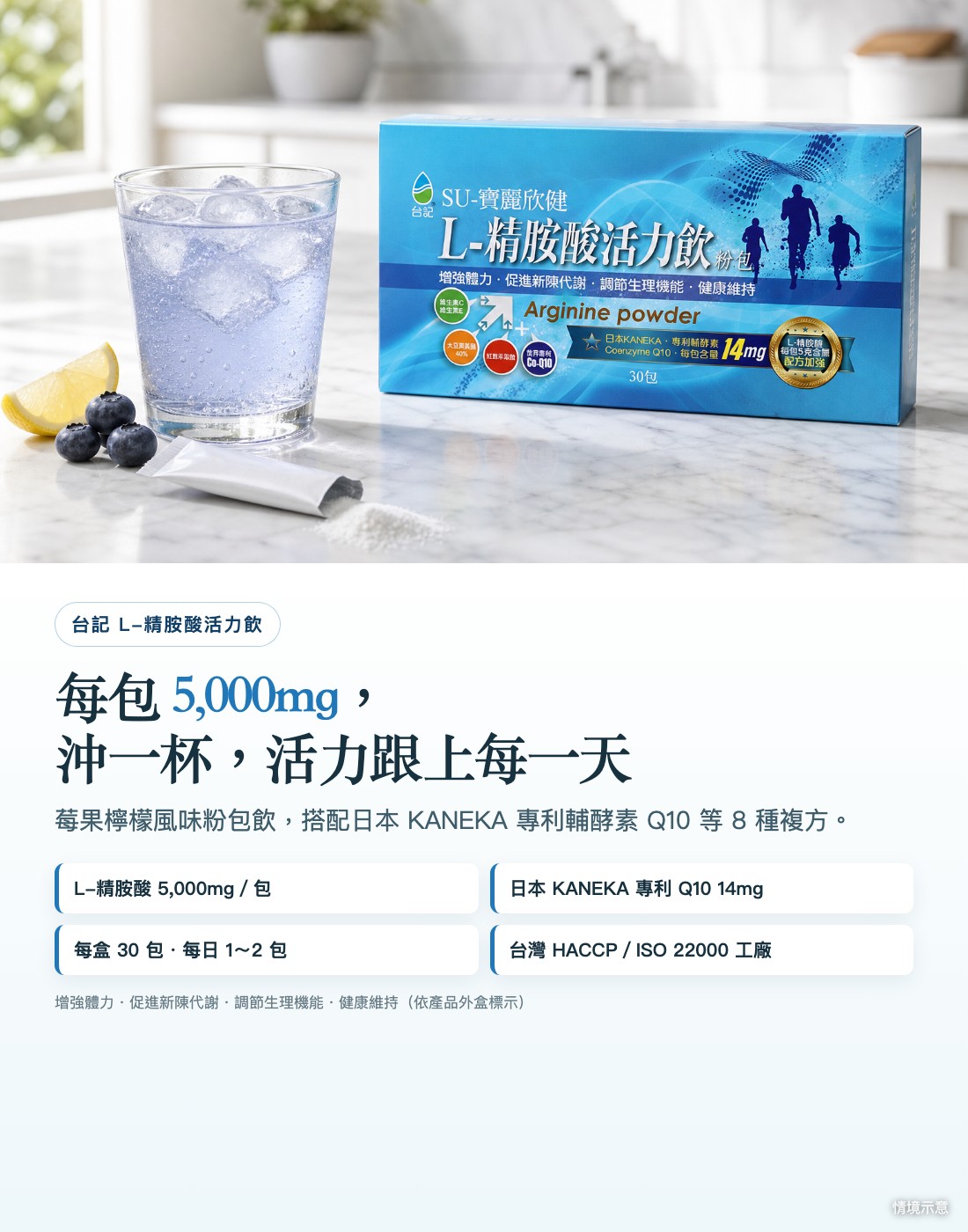 台記 L-精胺酸活力飲，每包 L-精胺酸 5,000mg，莓果檸檬風味，搭配日本 KANEKA 專利輔酵素 Q10