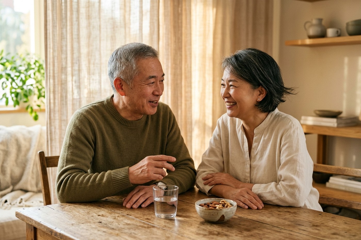 熟齡夫妻在晨光餐桌旁的日常情境