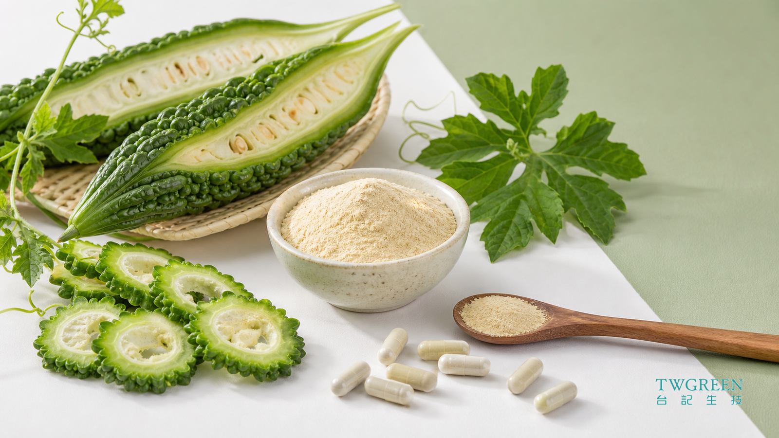 苦瓜切片、植物胜肽粉末、膠囊與乾淨食材情境照片