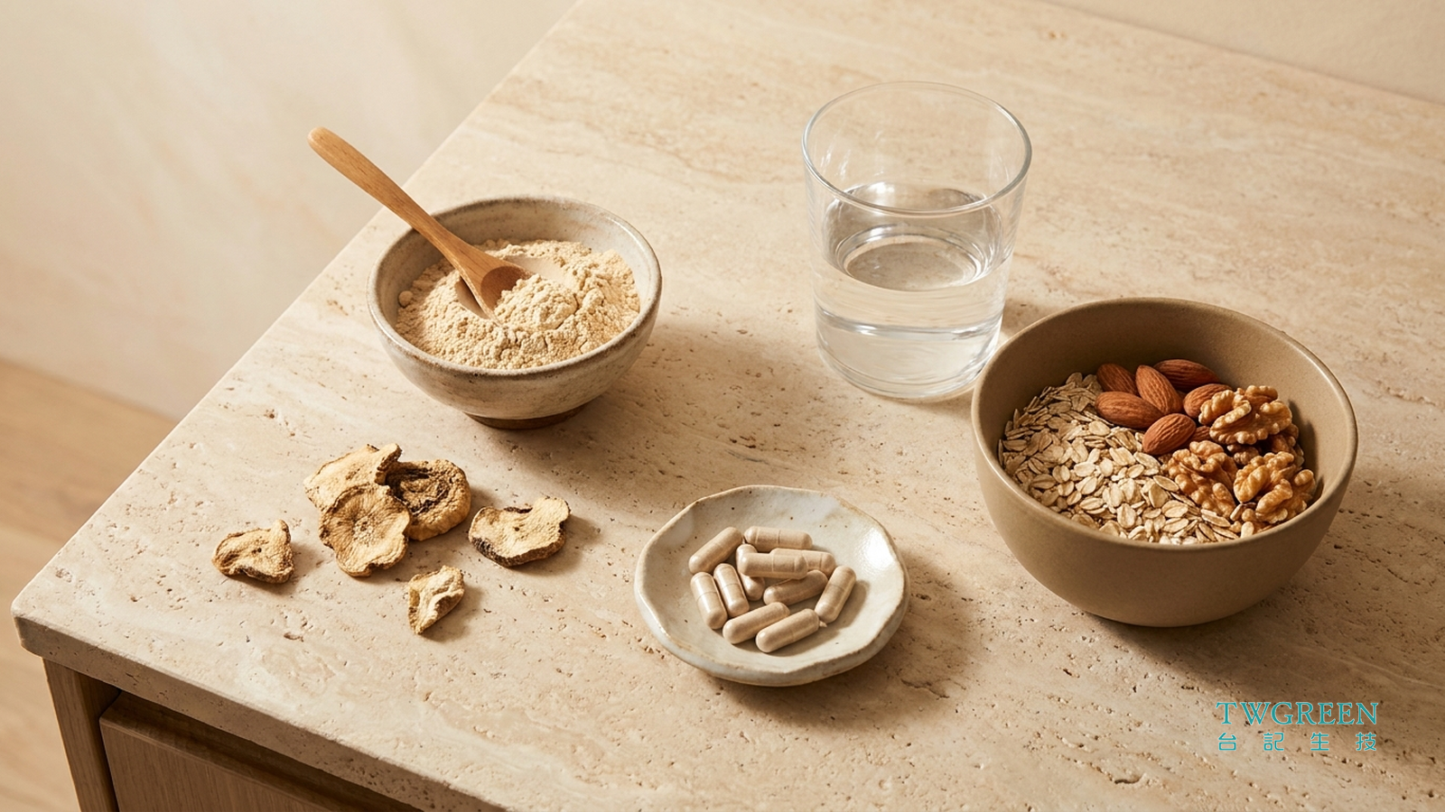 瑪卡粉、膠囊、水杯與早餐燕麥的真實照片，呈現日常瑪卡補充情境