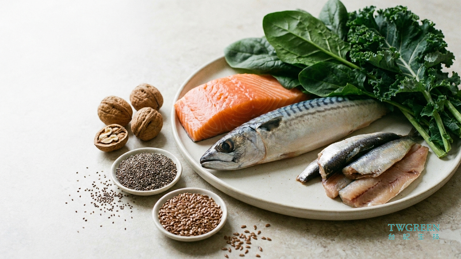 鮭魚、鯖魚、沙丁魚、核桃、奇亞籽與亞麻籽的真實照片,呈現 Omega-3 食物來源