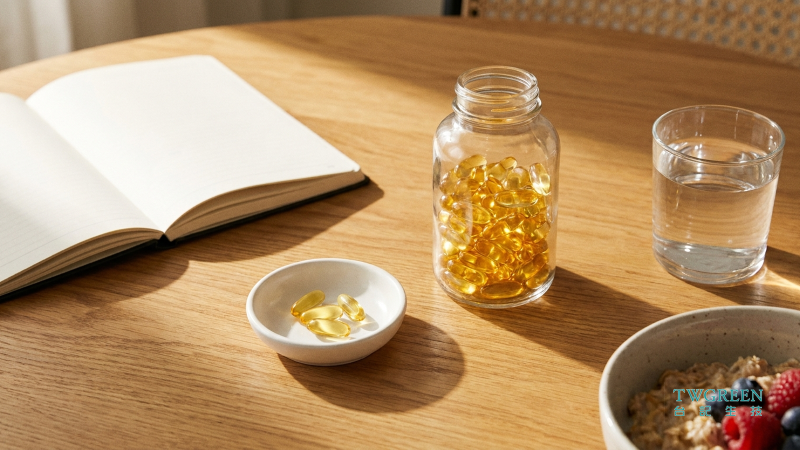 魚油膠囊、水杯、早餐與筆記本的真實照片,呈現日常補充魚油情境