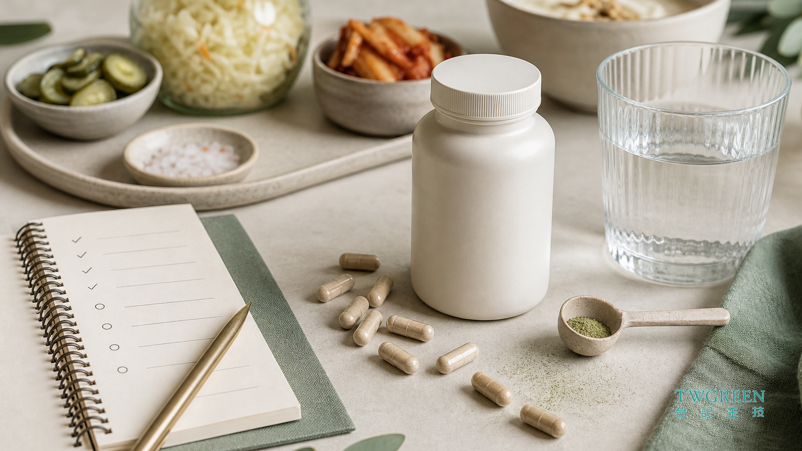 益生菌挑選檢查情境，包含無標籤補充品、膠囊與水杯