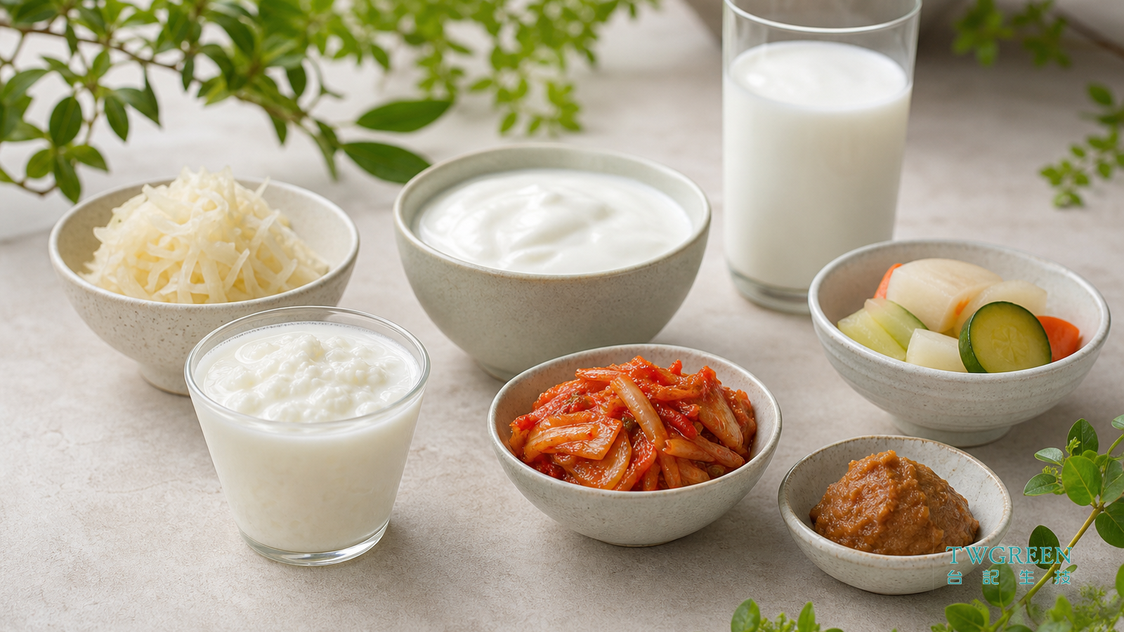 優格、克菲爾、味噌與泡菜等益生菌與發酵食物來源