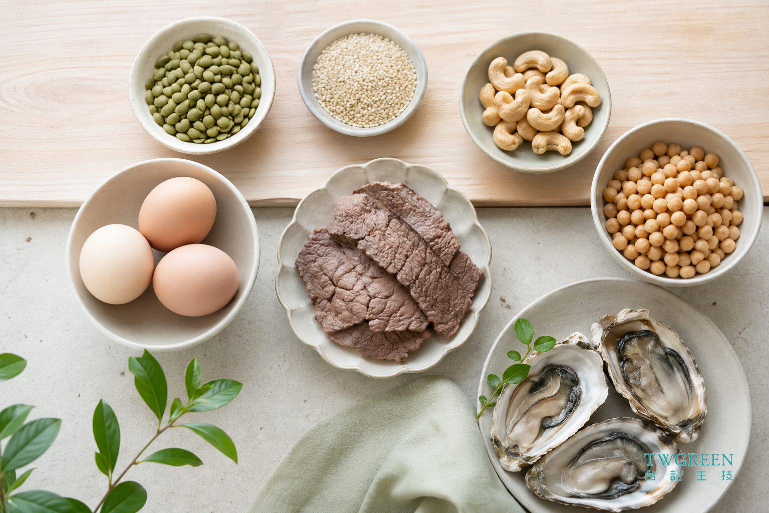 南瓜子、芝麻、腰果、蛋、豆類與牡蠣等鋅食物來源的真實照片