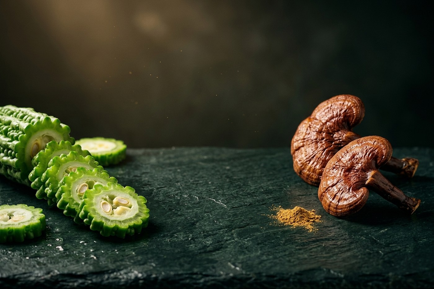 山苦瓜與靈芝子實體同框的原料意象
