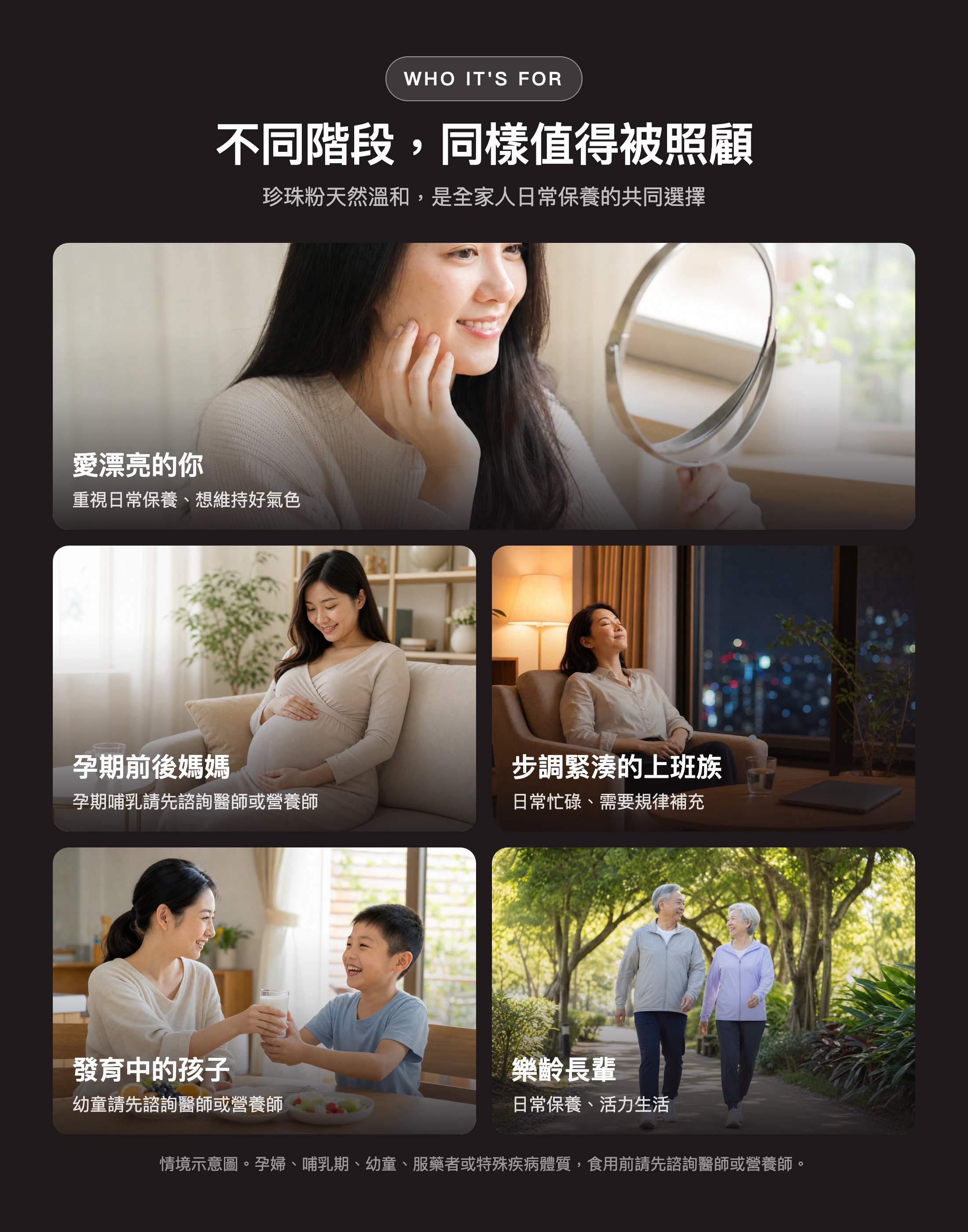 適用對象情境：養顏美容、孕期前後、上班族、發育中孩子、年長者