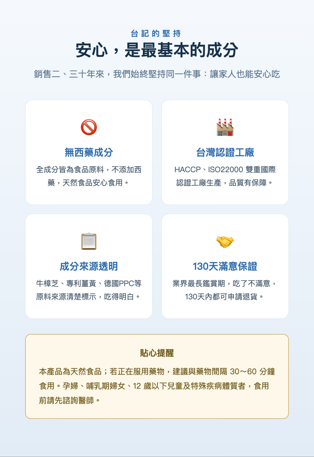 品質承諾 無西藥 台灣認證工廠 130天滿意保證