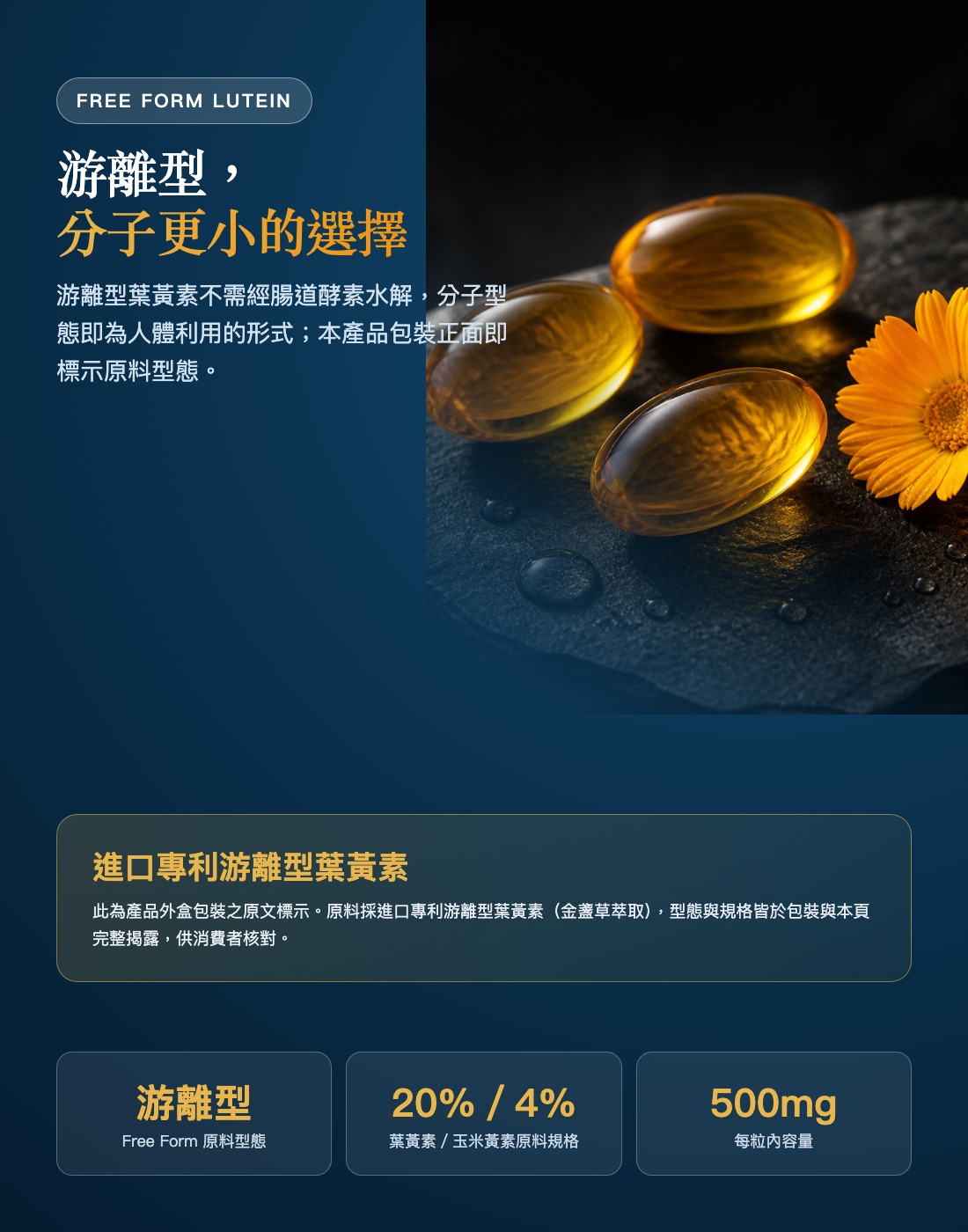 進口專利游離型葉黃素：包裝標示原料型態