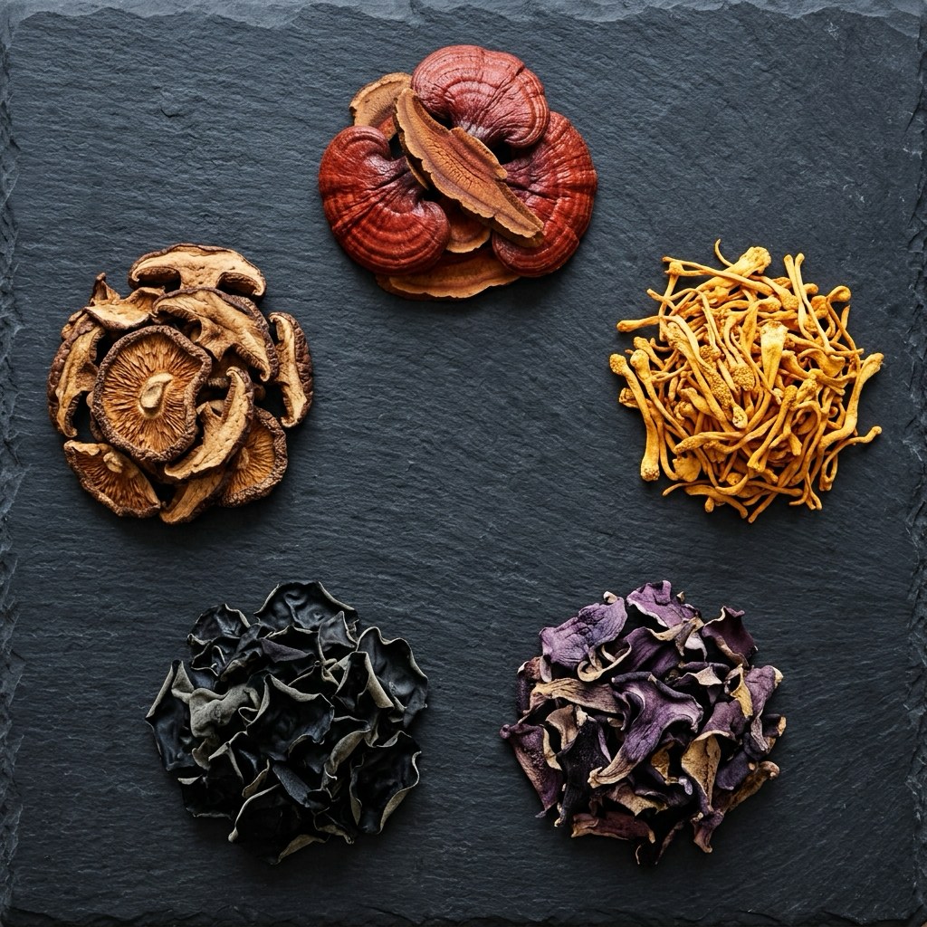 五種色澤的菌菇原料圓形排列意象