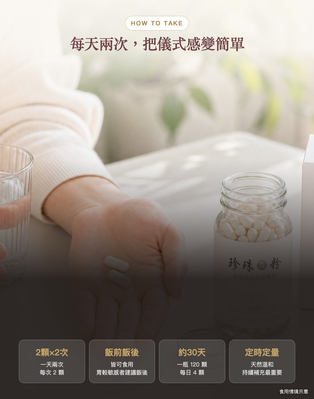 食用方式：一天兩次每次2顆，飯前飯後皆可，一瓶約30天